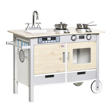 Children's play kitchen on wheels, wood, 70x40x66.5 cm, 7-piece set