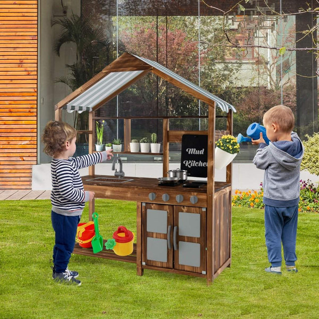 Children's mud kitchen made of solid wood with canopy & chalkboard & removable sink