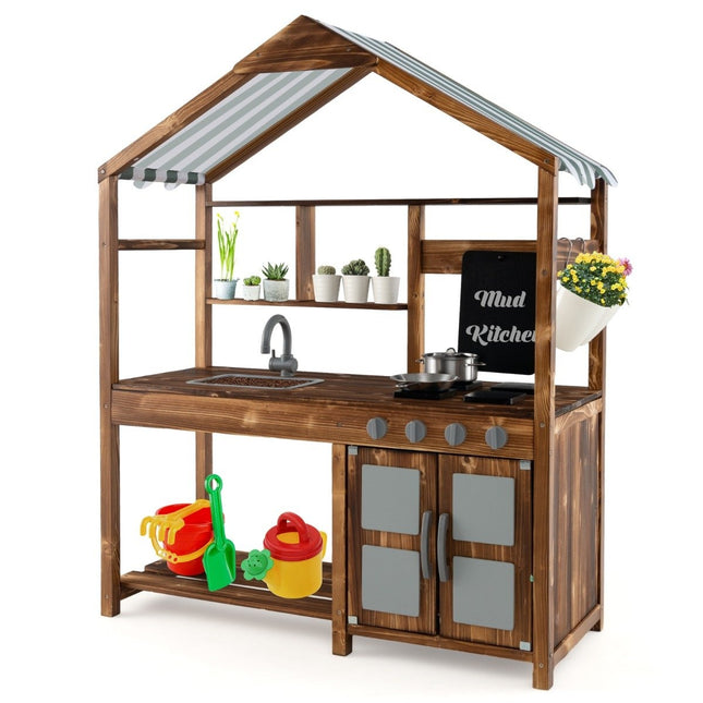 Children's mud kitchen made of solid wood with canopy & chalkboard & removable sink