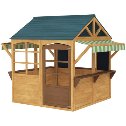 Kinderspeelhuis van dennenhout, opvouwbaar huis met ramen, deur, voor kinderen van 3-8 jaar, bruin+blauw