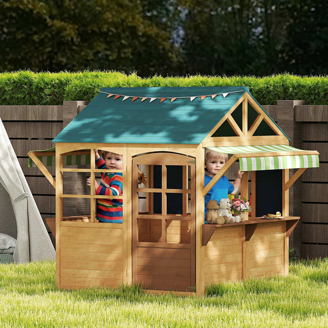 Children's playhouse made of fir wood, foldable house with windows, door, for children aged 3-8 years, brown+blue