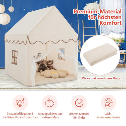 Children's playhouse with solid wood frame & cotton blanket children's tent beige