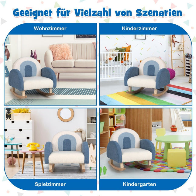 Children's rocking chair teddy plush armchair with rocking legs made of poplar wood blue