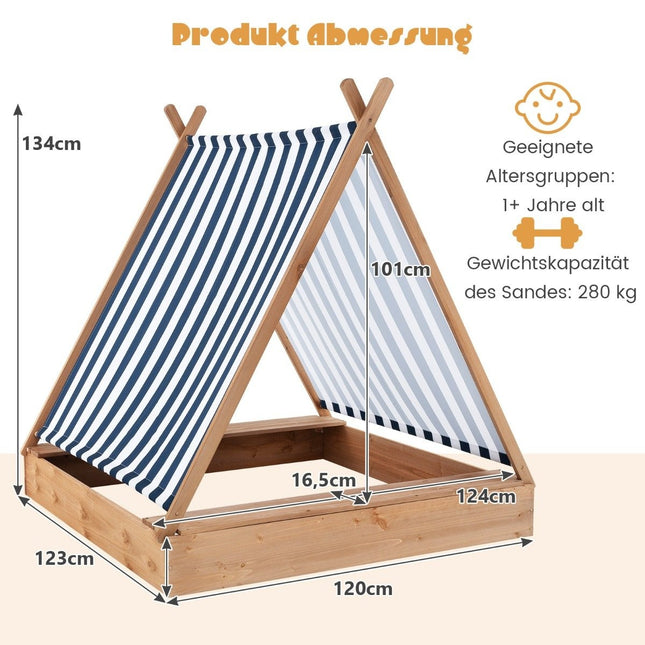 Children's sandpit with cover and 2 benches. Outdoor wooden sandpit 124 x 123 cm