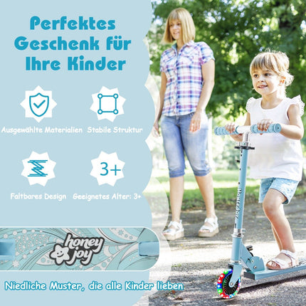 Children's scooter with LED wheels and foldable handlebars, height adjustable, children's scooter, light blue