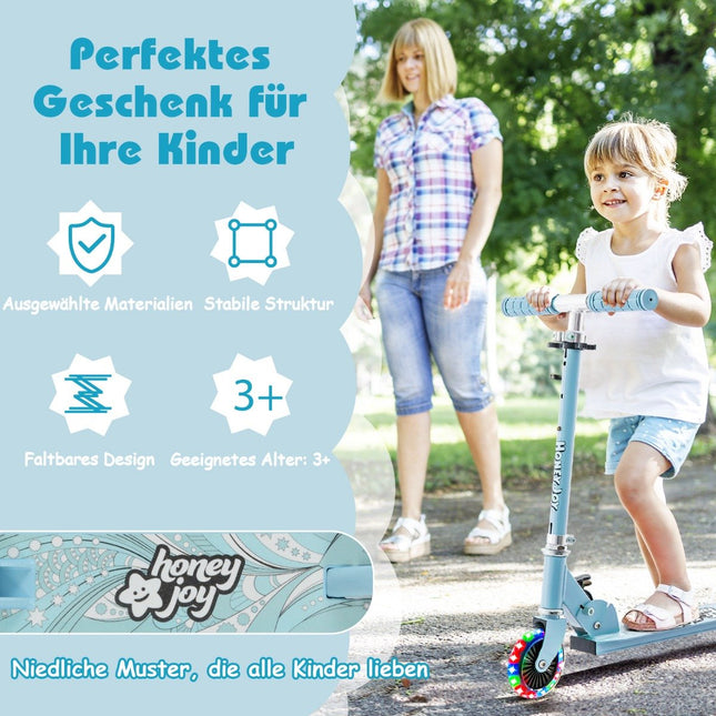 Children's scooter with LED wheels and foldable handlebars, height adjustable, children's scooter, light blue