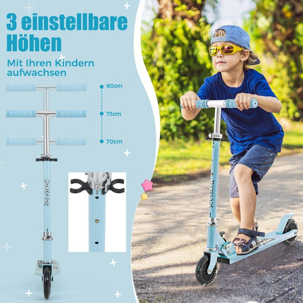 Children's scooter with LED wheels and foldable handlebars, height adjustable, children's scooter, light blue