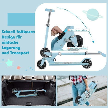 Children's scooter with LED wheels and foldable handlebars, height adjustable, children's scooter, light blue