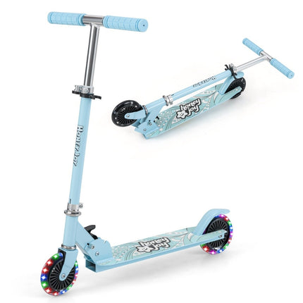 Children's scooter with LED wheels and foldable handlebars, height adjustable, children's scooter, light blue