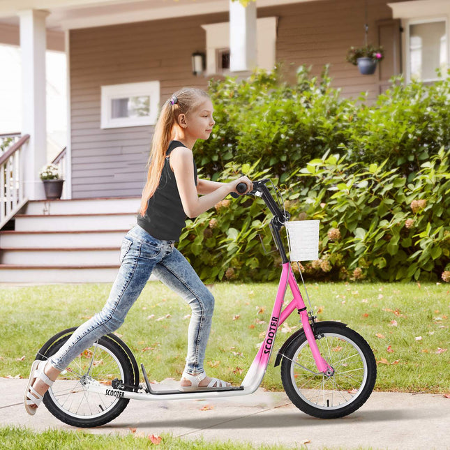 Children's scooter in pink and white, adjustable height, with basket