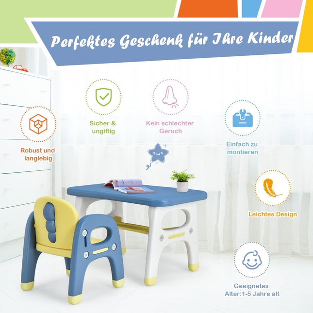 Children's seating group with dinosaur design including building blocks made of HDPE for children over 3 years old. Blue