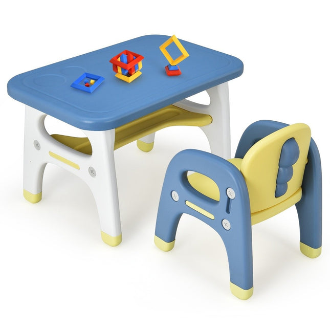 Children's seating group with dinosaur design including building blocks made of HDPE for children over 3 years old. Blue