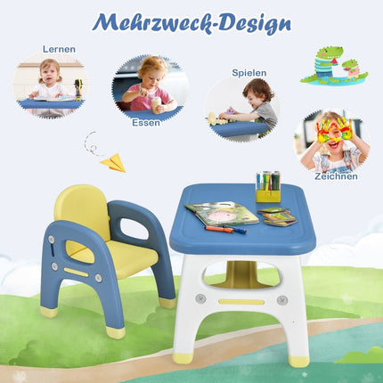 Children's seating group with dinosaur design including building blocks made of HDPE for children over 3 years old. Blue
