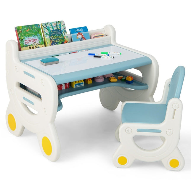 Children's seating group with height and tilt-adjustable table top drawing table blue