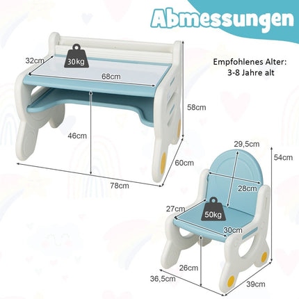 Children's seating group with height and tilt-adjustable table top drawing table blue