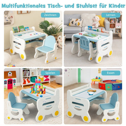Children's seating group with height and tilt-adjustable table top drawing table blue
