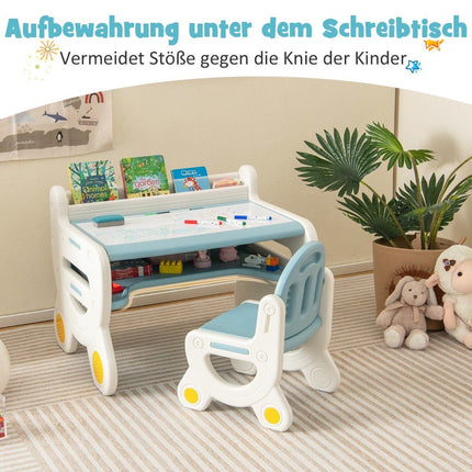 Children's seating group with height and tilt-adjustable table top drawing table blue