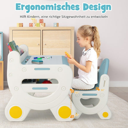 Children's seating group with height and tilt-adjustable table top drawing table blue