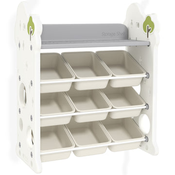 Children's 4-tier toy shelf, 9 removable bins, cream white