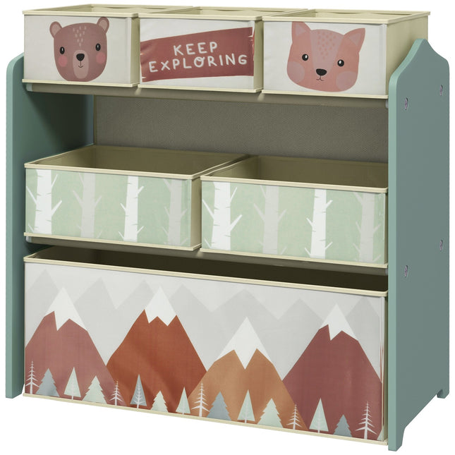 Storage shelf for children's toys with 6 green fabric compartments