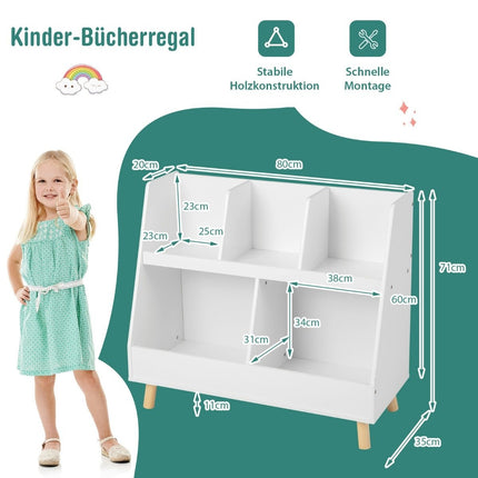 Children's shelf with 5 open compartments bookcase children's room shelf with solid wood legs white
