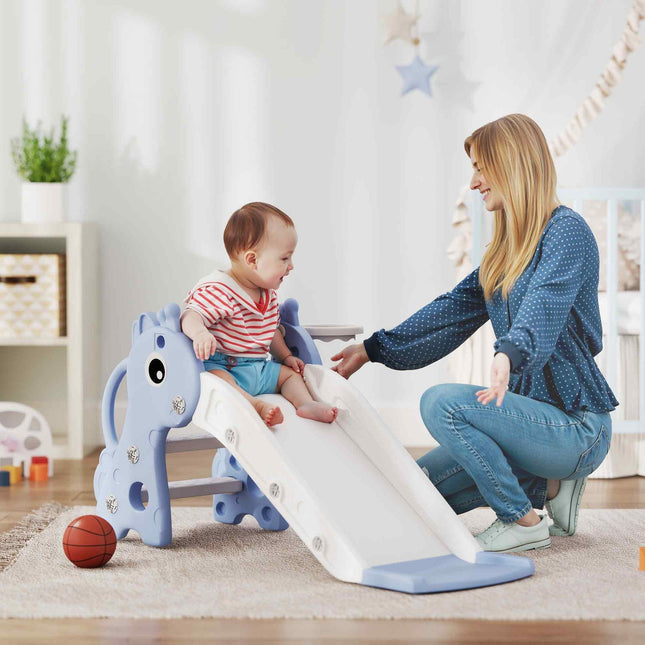 3-in-1 slide for toddlers with basketball hoop, indoor blue