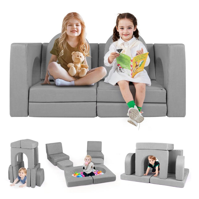 Children's sofa 8-piece play sofa made of foam building blocks with comfortable suede fabric gray