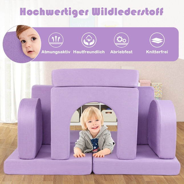 Children's sofa 8-piece play sofa made of foam building blocks with comfortable suede fabric purple