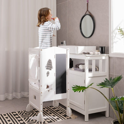 Children's step stool with 2-stage adjustable height and safety net for children aged 18 months and over, white