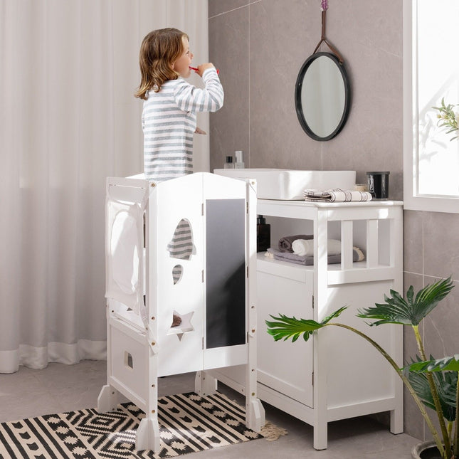 Children's step stool with 2-stage adjustable height and safety net for children aged 18 months and over, white