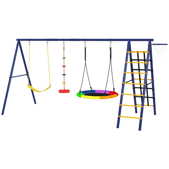 Children's 6-in-1 swing set in steel with climbing net
