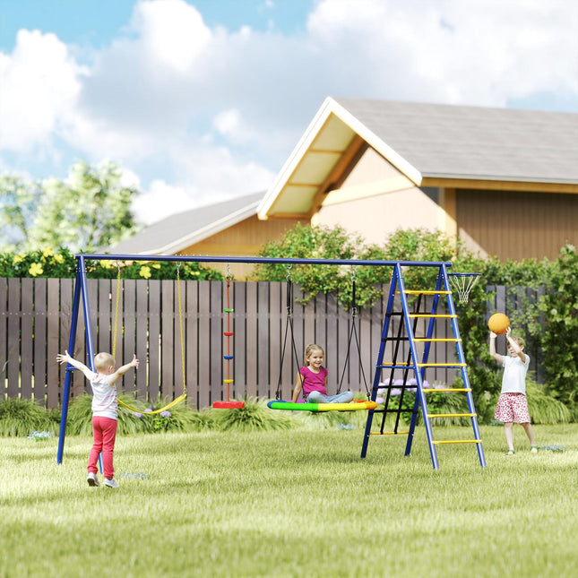 Children's 6-in-1 swing set in steel with climbing net
