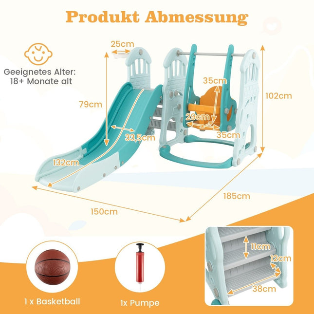Children's swing with height-adjustable baby slide 4 in 1 swing & slide & basketball hoop & ladder green