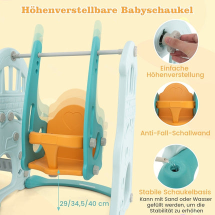 Children's swing with height-adjustable baby slide 4 in 1 swing & slide & basketball hoop & ladder green