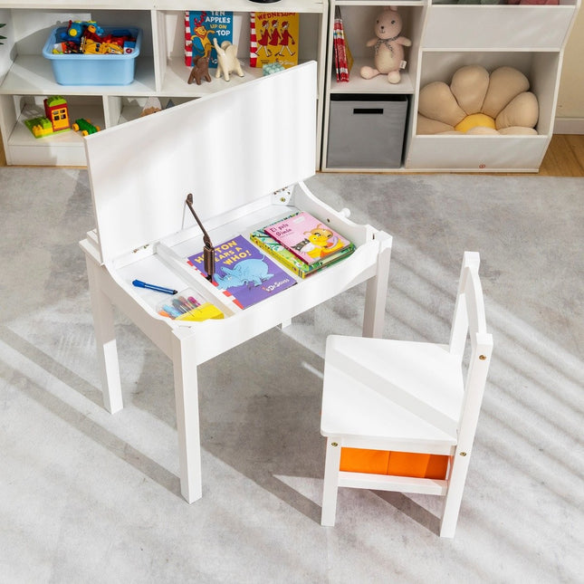 Children's table + chair made of solid wood with folding table top & drawer & hooks white
