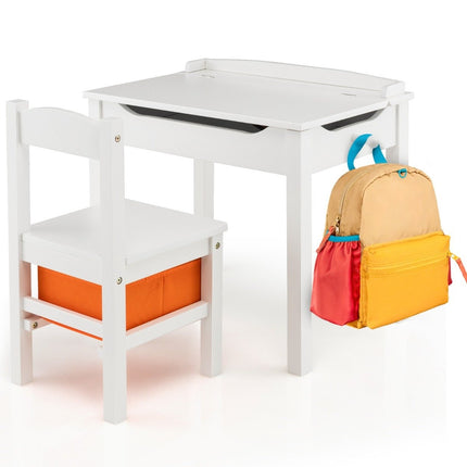 Children's table + chair made of solid wood with folding table top & drawer & hooks white