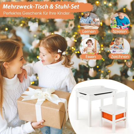 Children's table + chair made of solid wood with folding table top & drawer & hooks white