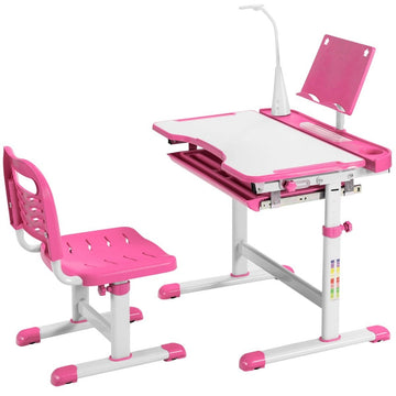 Kindertafel kinderbureauset met boekenstandaard en LED-lamp voor jongens en meisjes roze