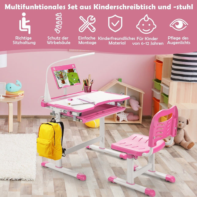 Children's table children's desk set with book stand and LED light for boys and girls pink