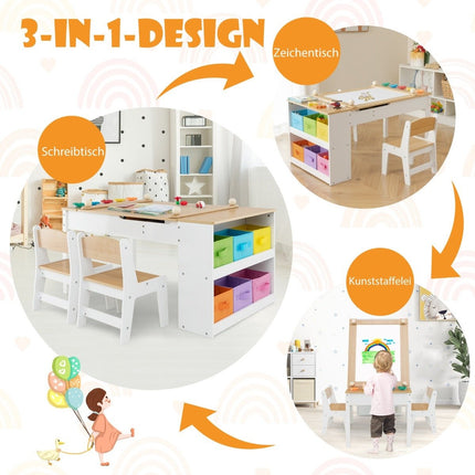 Children's table with 2 chairs 3 in 1 activity table & easel made of wood with liftable table top natural