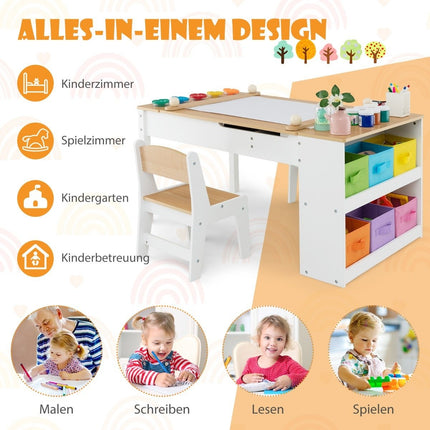 Children's table with 2 chairs 3 in 1 activity table & easel made of wood with liftable table top natural