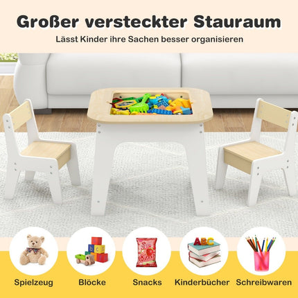 Children's table with 2 chairs 3-piece children's seating group made of wood with double-sided table top
