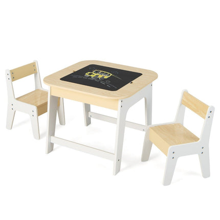 Children's table with 2 chairs 3-piece children's seating group made of wood with double-sided table top