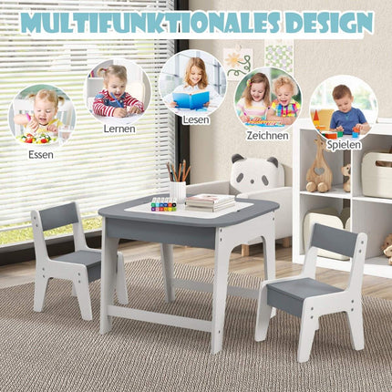 Children's table with 2 chairs 3-piece children's seating group made of wood with double-sided table top grey