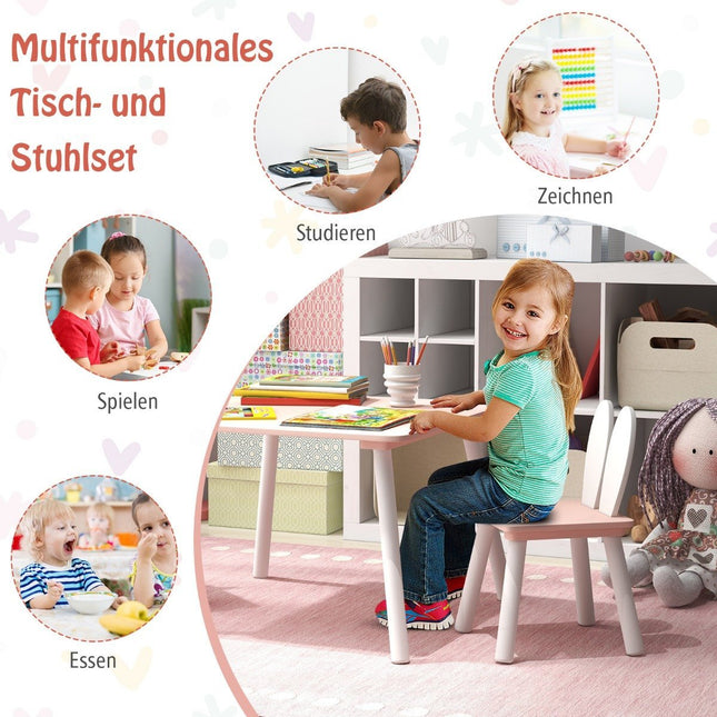 Children's table with 2 chairs 3 pieces. Children's seating group with pink solid wood legs