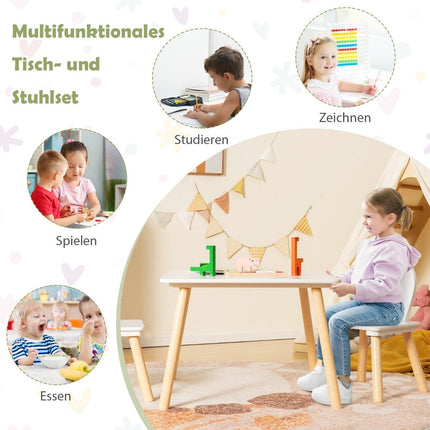 Children's table with 2 chairs (3-piece set). Children's seating group with solid wood legs and bunny ears backrest.