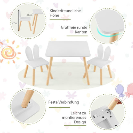 Children's table with 2 chairs (3-piece set). Children's seating group with solid wood legs and bunny ears backrest.