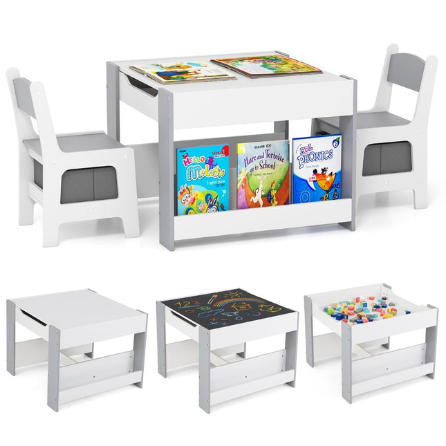 Children's table with 2 chairs &amp; Reversible table top &amp; Bookshelves 3-piece children's seating group gray