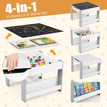Children's table with 2 chairs &amp; Reversible table top &amp; Bookshelves 3-piece children's seating group gray