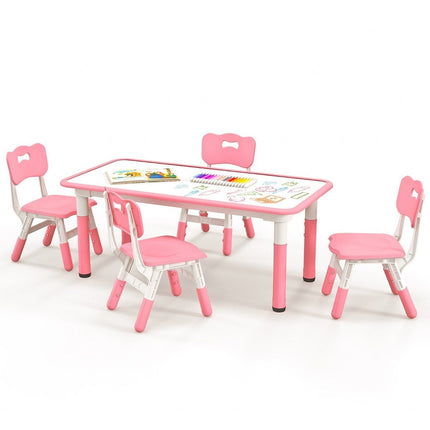 Children's table with 4 chairs set with graffiti table top. Height-adjustable children's seating group pink